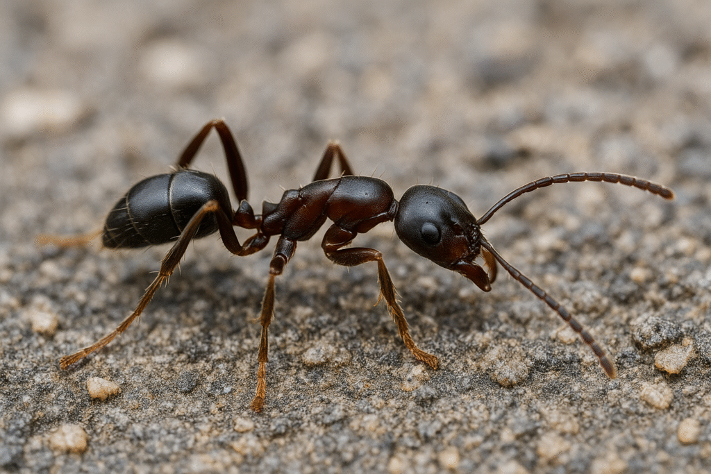 Close-up image of an Asian needle ant (Brachyponera chinensis) crawling on rough ground, highlighting its distinctive dark body and venomous stinger—ideal for visualizing invasive ant threats in the U.S.