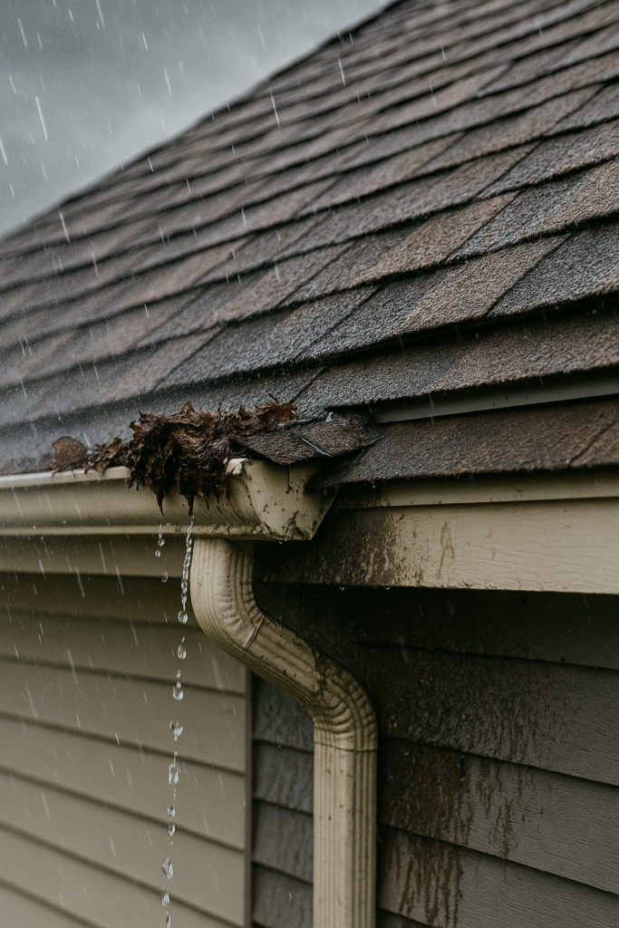 Clogged Gutter Overflow Damaging Roof Shingles