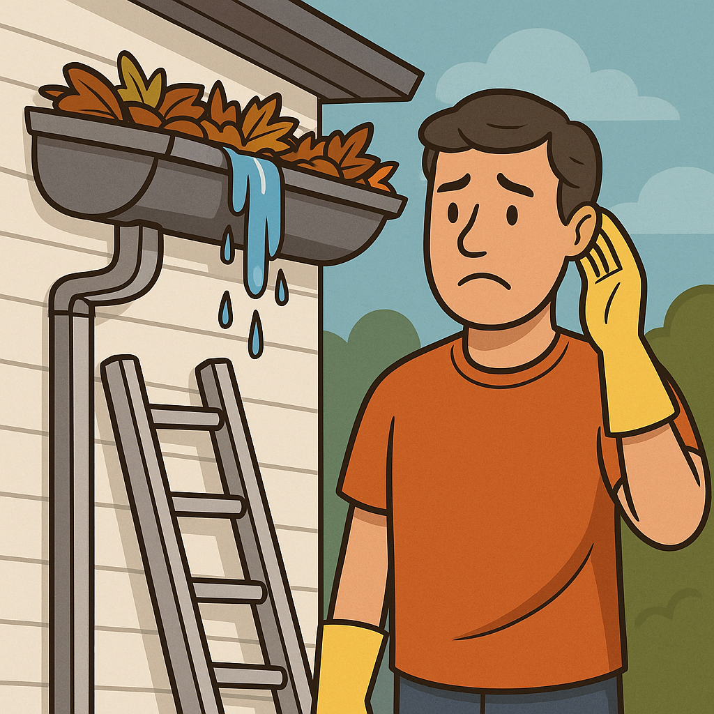 A homeowner standing next to overflowing gutters filled with leaves, a sign they need cleaning