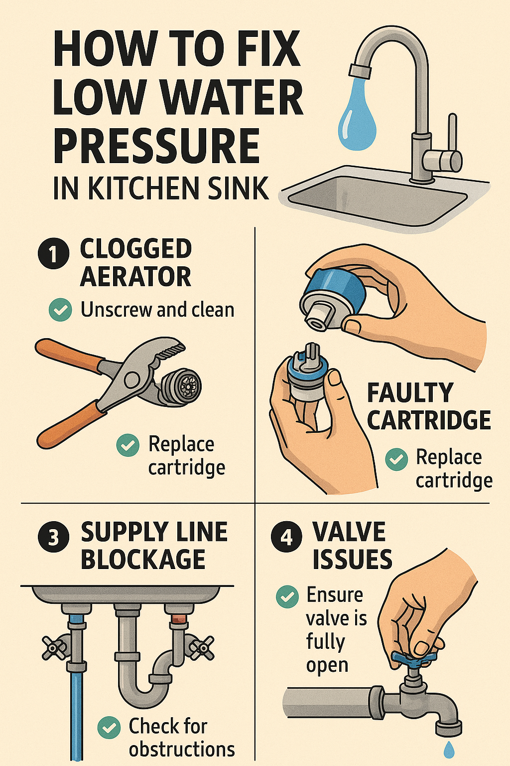 Diagram showing how to fix low water pressure in a kitchen sink faucet.