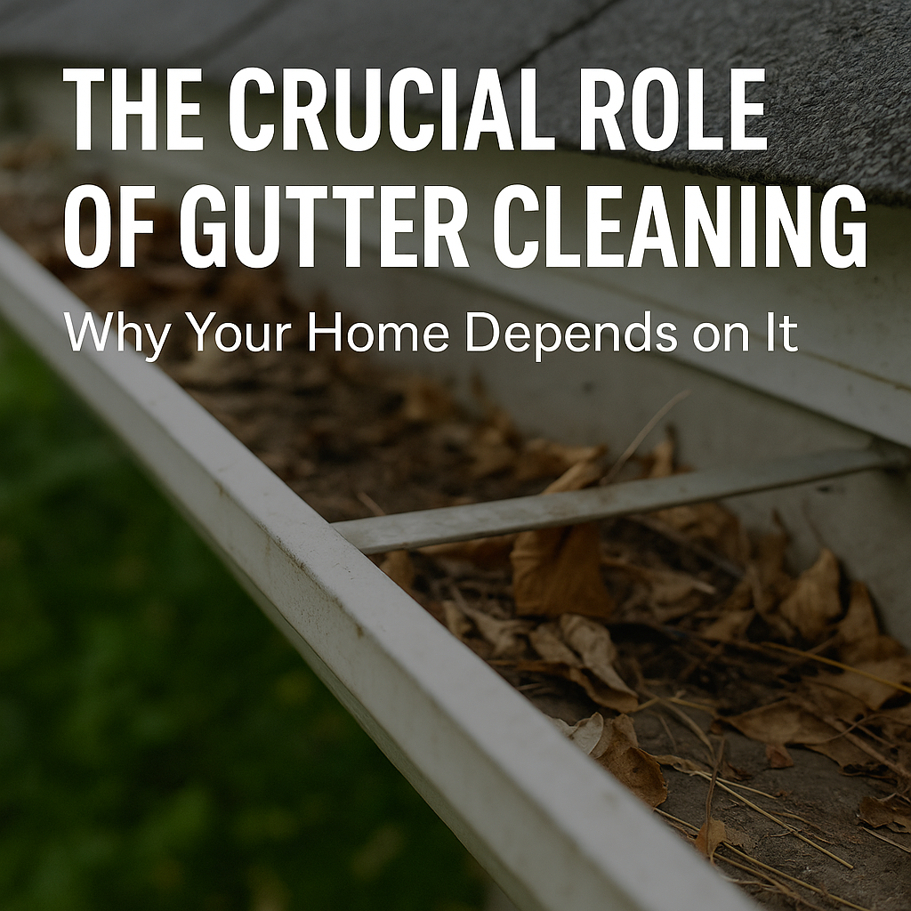"Clogged rain gutter filled with leaves beneath a roofline, illustrating the importance of regular gutter cleaning for home protection."