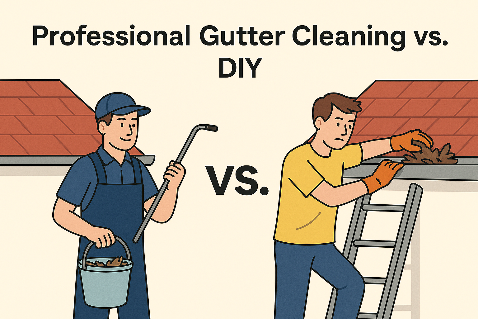 Illustration showing the difference between professional gutter cleaning and DIY cleaning—one side features a trained worker with equipment, the other shows a homeowner struggling on a ladder.
