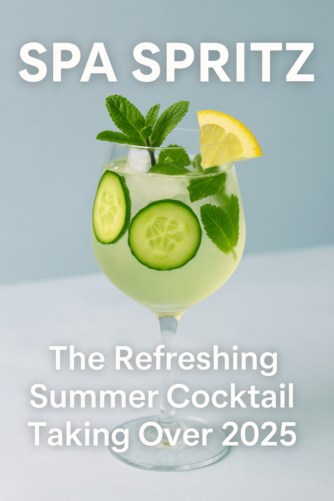 Refreshing Spa Spritz cocktail with cucumber, mint, lemon, and ice served in a wine glass – the trending summer drink of 2025.